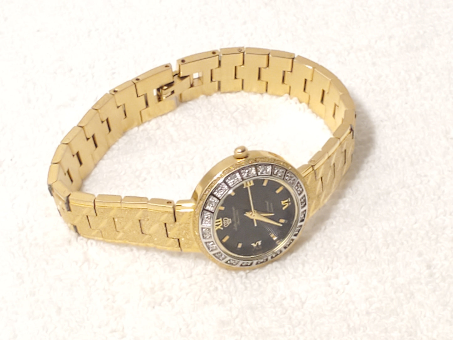 Vintage Jules Jurgensen Women Gold Plated Diamonds Bezel Watch Black Dial SS 1J