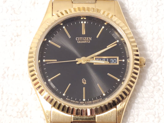 Vintage Citizen CQ Men's Presidential Day Date Gold Plated Watch Black Dial