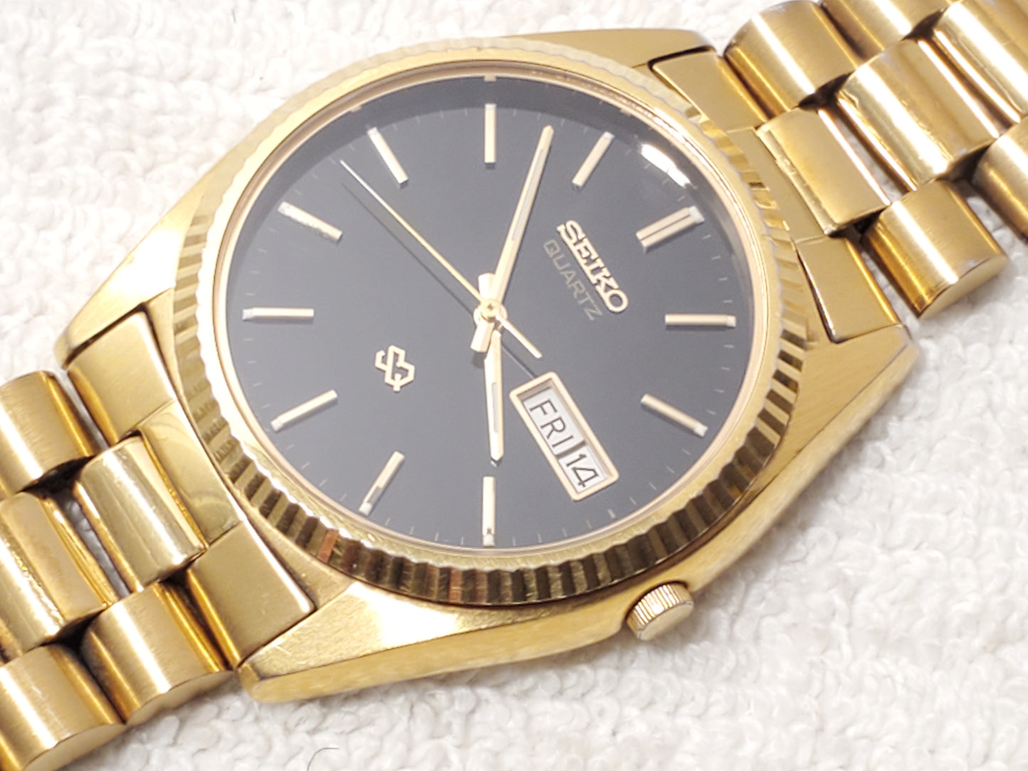 Vintage Seiko SQ Men's Presidential Day Date Gold Tone Watch One Jewel S Steel