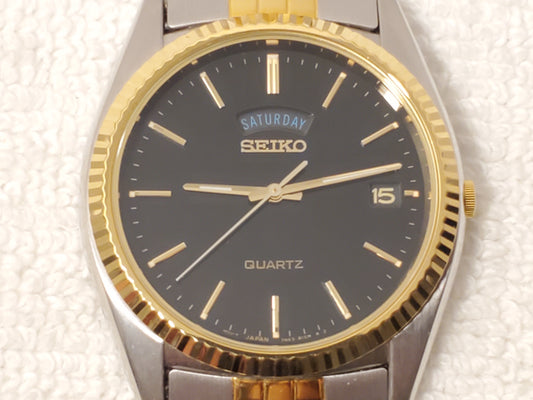 Vintage Seiko Men's Presidential Day Date Gold Tone Watch 1 Jewel Black Dial SS
