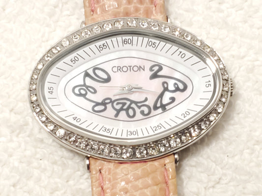 Vintage Croton Women's 24 Diamonds Bezel Watch Pink Genuine Lizard Mother Pearl