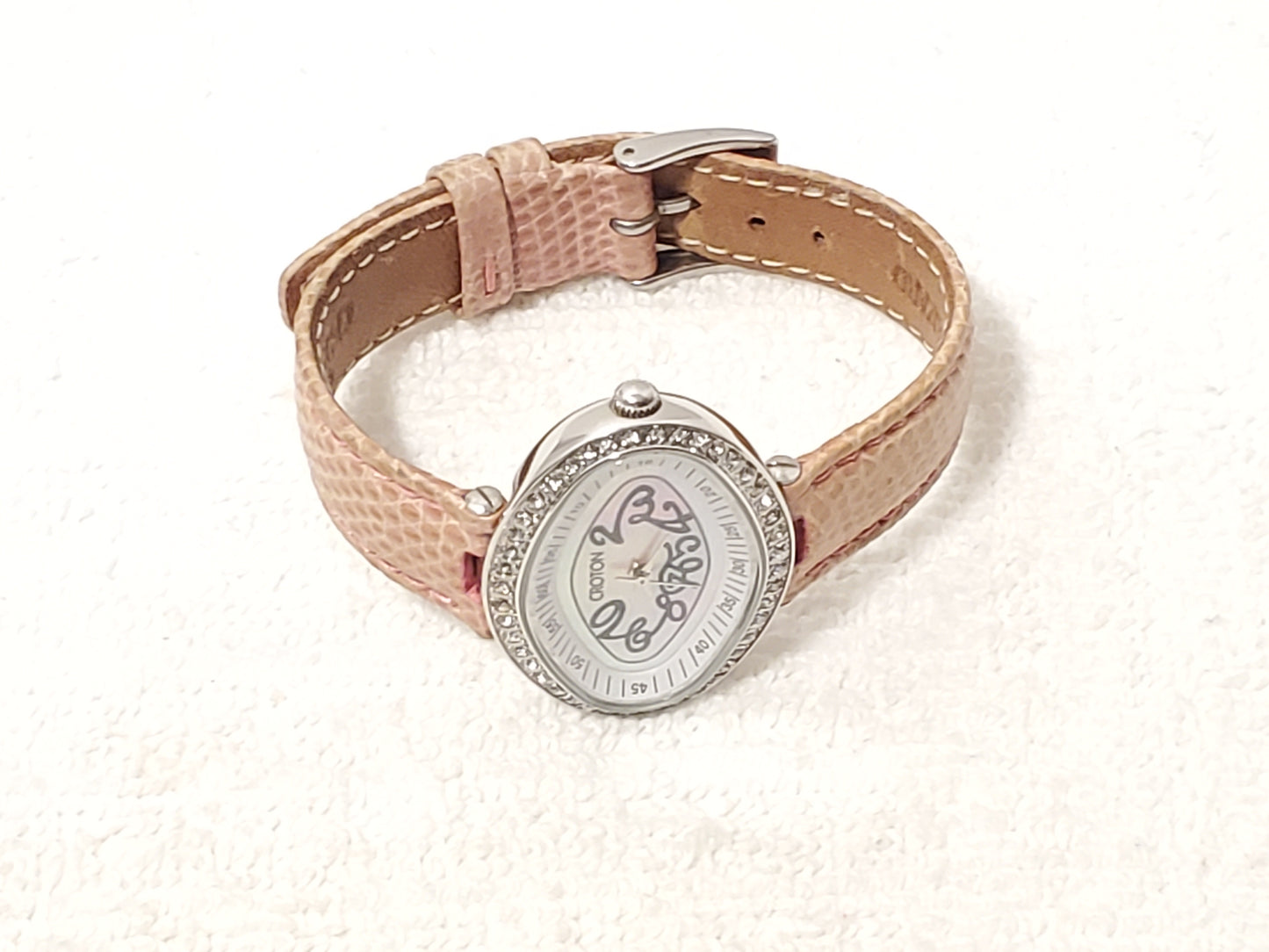 Vintage Croton Women's 24 Diamonds Bezel Watch Pink Genuine Lizard Mother Pearl
