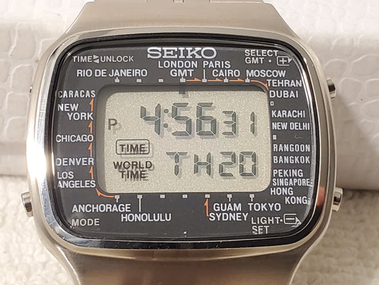 Vintage Seiko LCD World Time Digital Men's Watch Day Date Year Stainless Steel