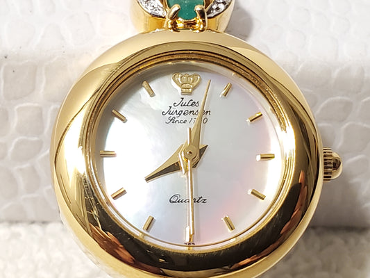 Vintage Jules Jurgensen Womens Gold Tone Watch 1 Jewel Emerald Mother Pearl Dial