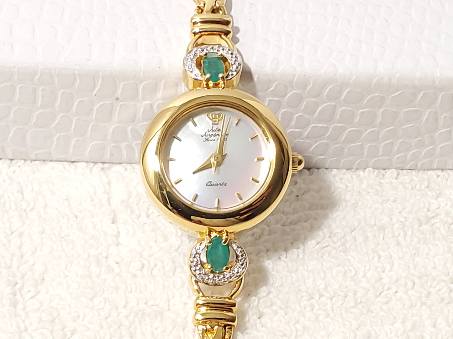 Vintage Jules Jurgensen Womens Gold Tone Watch 1 Jewel Emerald Mother Pearl Dial