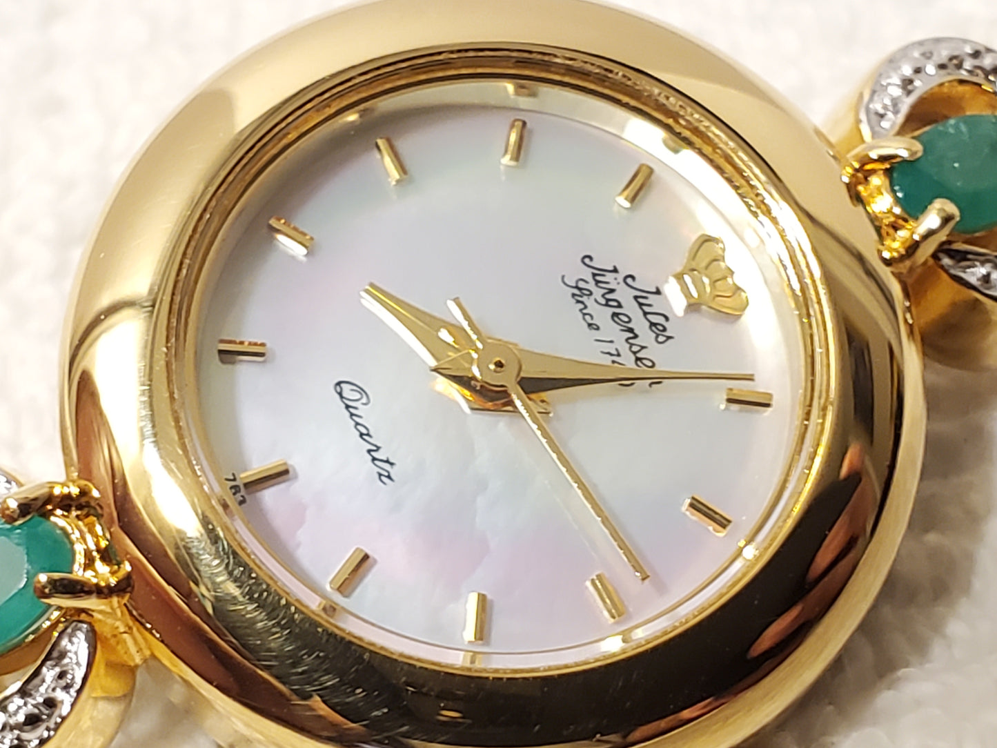 Vintage Jules Jurgensen Womens Gold Tone Watch 1 Jewel Emerald Mother Pearl Dial