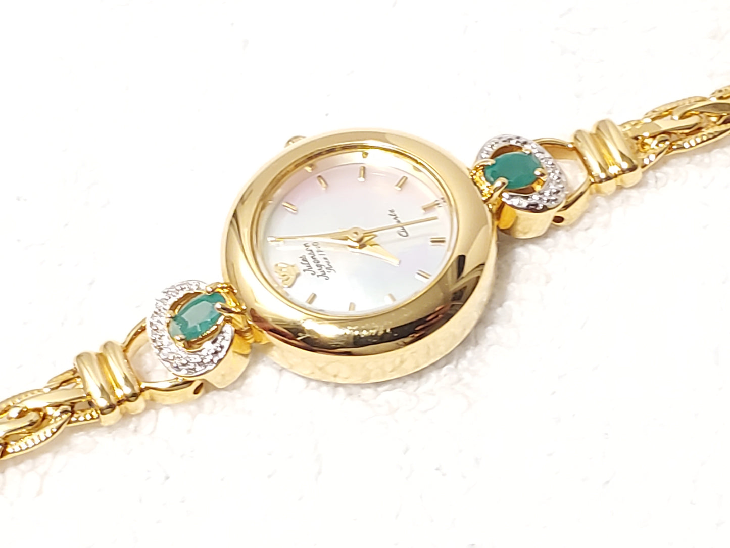 Vintage Jules Jurgensen Womens Gold Tone Watch 1 Jewel Emerald Mother Pearl Dial