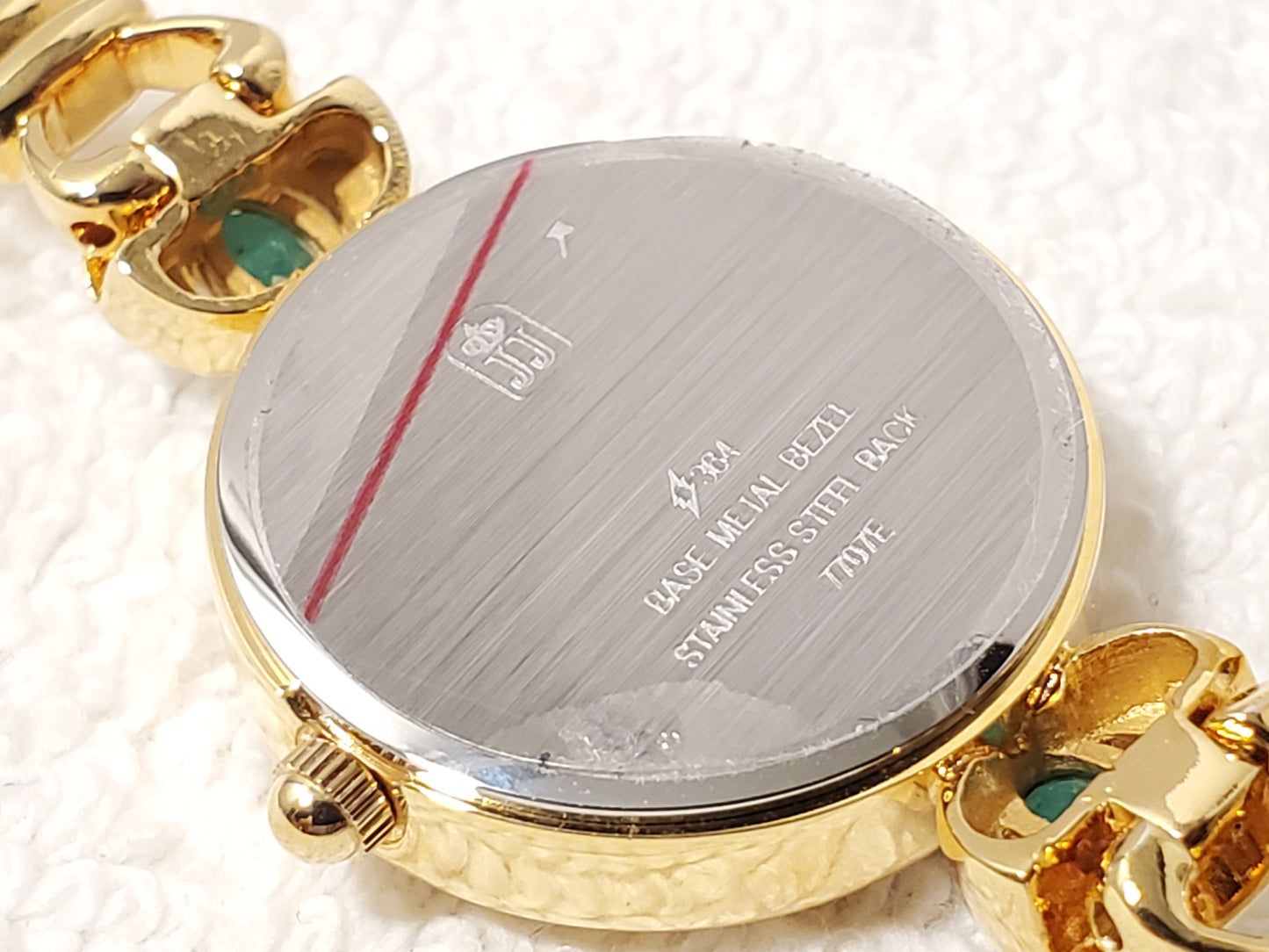 Vintage Jules Jurgensen Womens Gold Tone Watch 1 Jewel Emerald Mother Pearl Dial