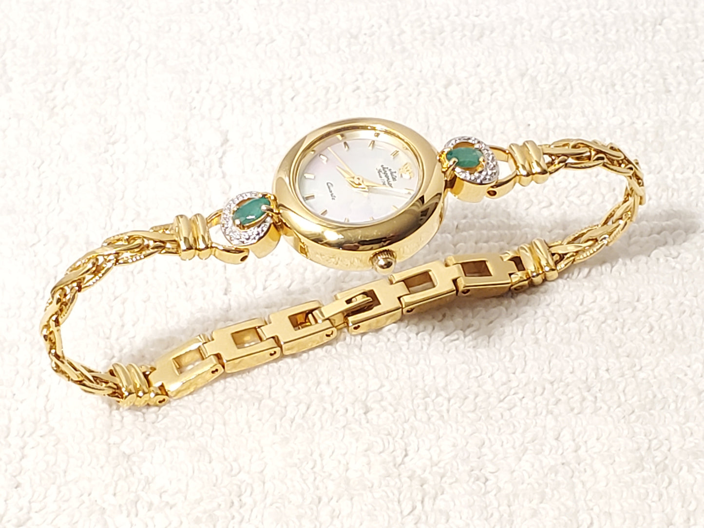 Vintage Jules Jurgensen Womens Gold Tone Watch 1 Jewel Emerald Mother Pearl Dial