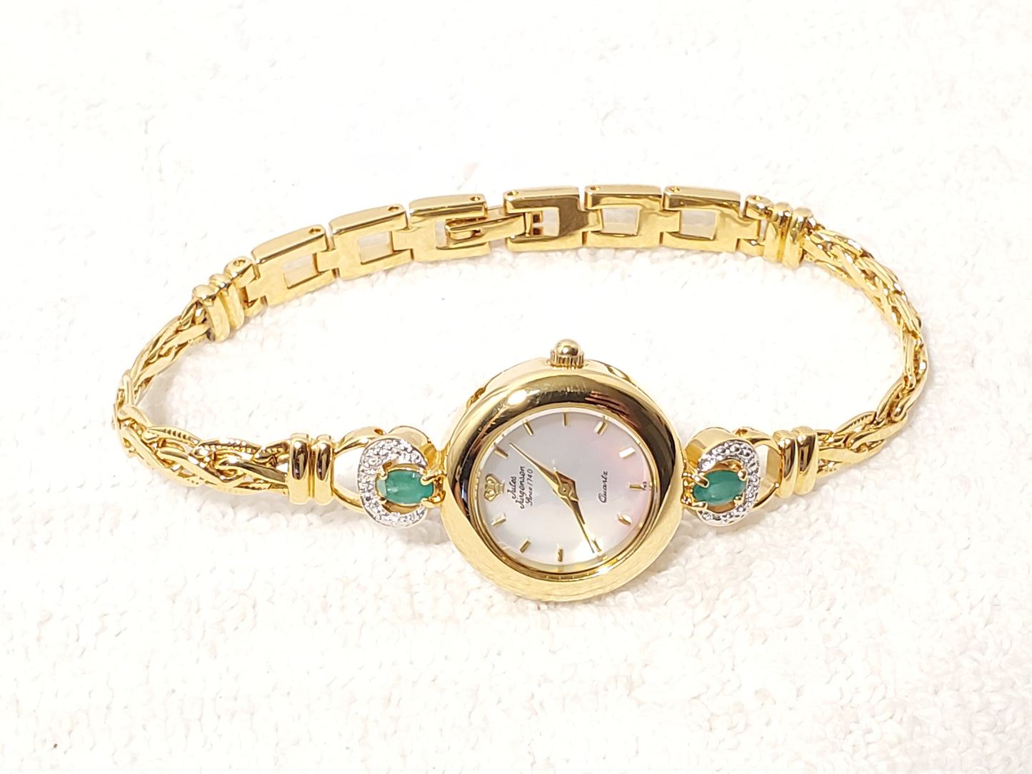 Vintage Jules Jurgensen Womens Gold Tone Watch 1 Jewel Emerald Mother Pearl Dial