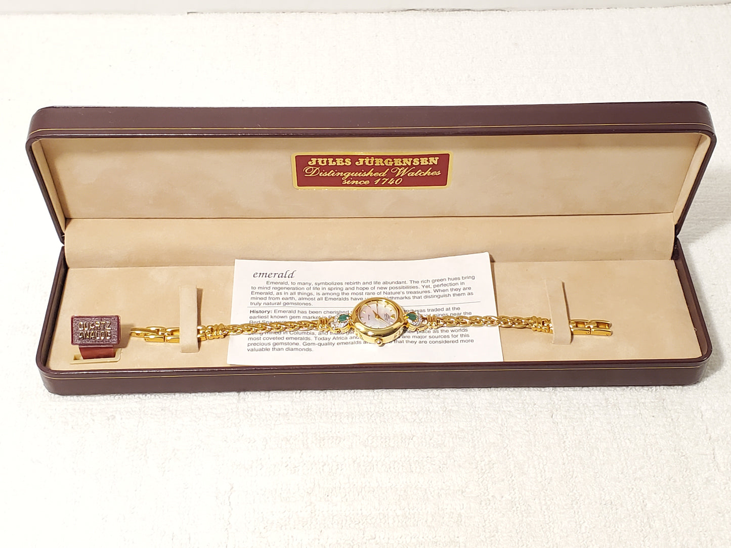 Vintage Jules Jurgensen Womens Gold Tone Watch 1 Jewel Emerald Mother Pearl Dial
