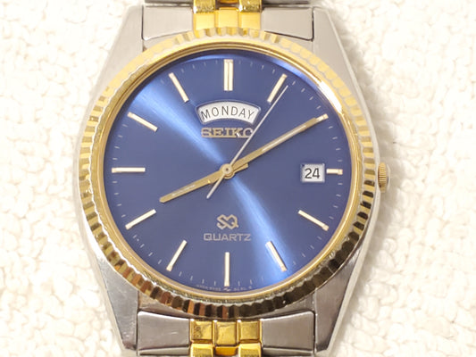 Vintage Seiko SQ Mens Presidential Day Date Gold Tone Watch 1 Jewel Blue Dial SS