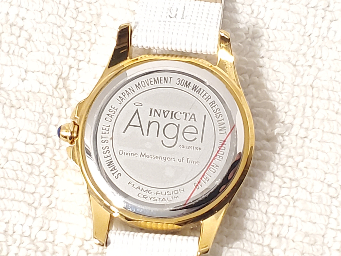 Invicta Angel Women's Quartz Watch Gold Tone White Leather Strap Blue Stone
