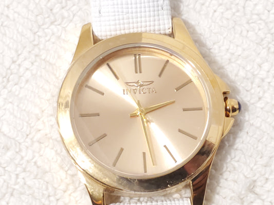 Invicta Angel Women's Quartz Watch Gold Tone White Leather Strap Blue Stone