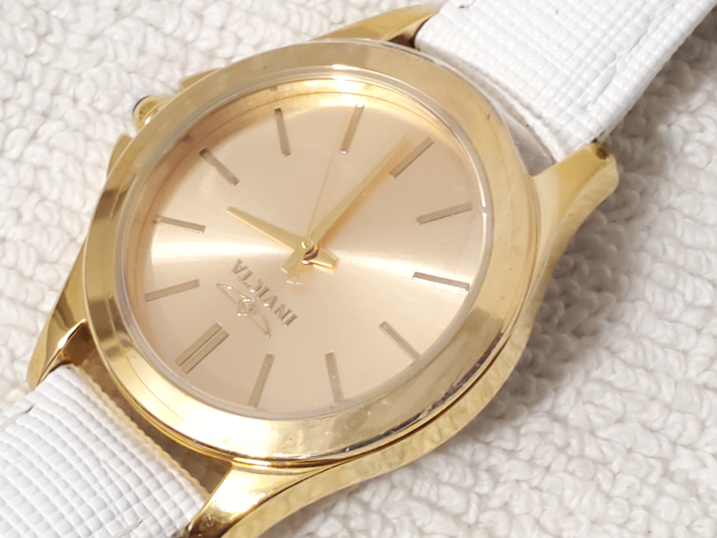Invicta Angel Women's Quartz Watch Gold Tone White Leather Strap Blue Stone