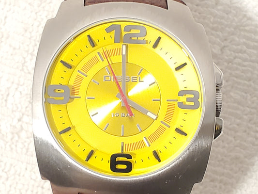 Vintage Diesel Men’s Watch Brown Leather Strap Yellow Dial One Jewel S Steel