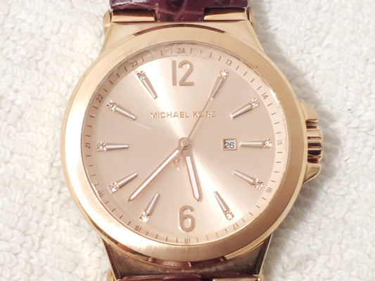 Michael Kors Rose Gold Tone Women's Date Watch Leather Strap Crystals S Steel