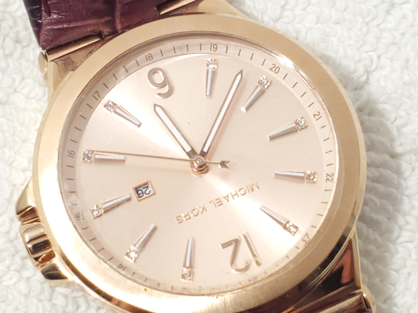 Michael Kors Rose Gold Tone Women's Date Watch Leather Strap Crystals S Steel