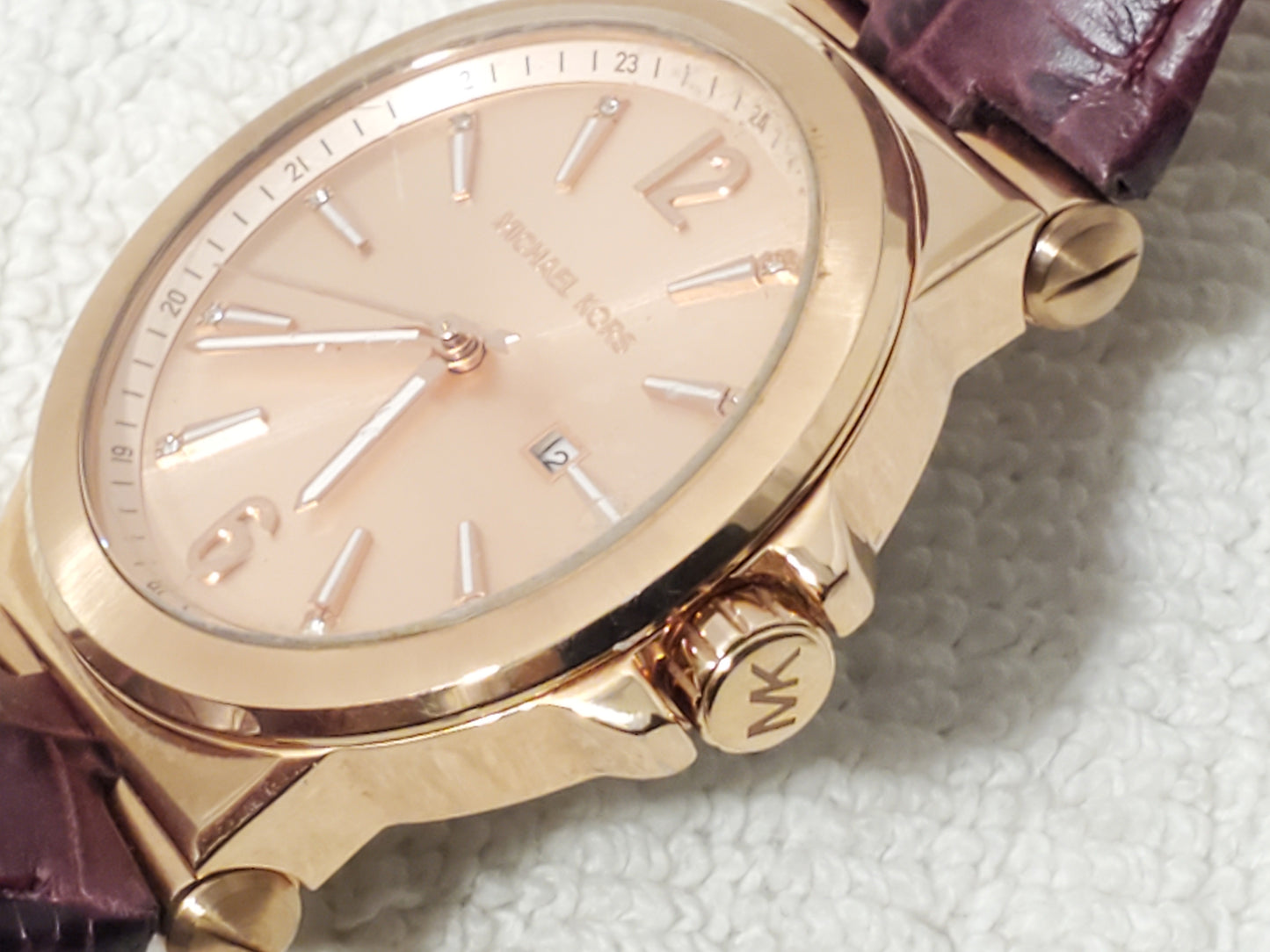 Michael Kors Rose Gold Tone Women's Date Watch Leather Strap Crystals S Steel