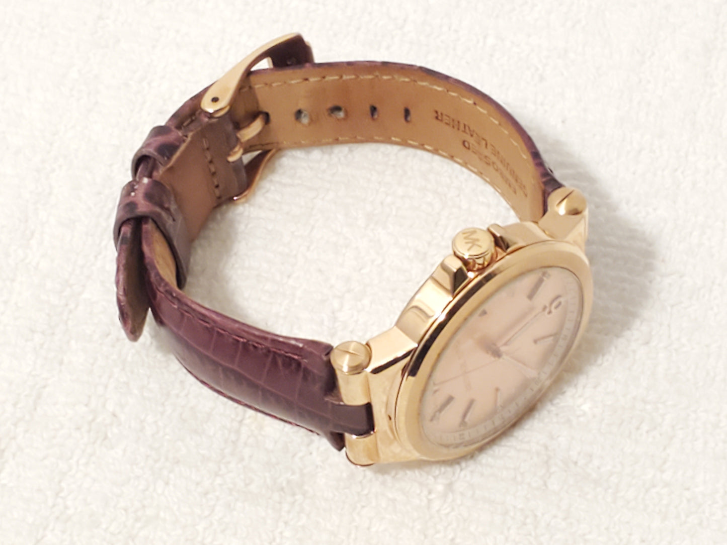 Michael Kors Rose Gold Tone Women's Date Watch Leather Strap Crystals S Steel
