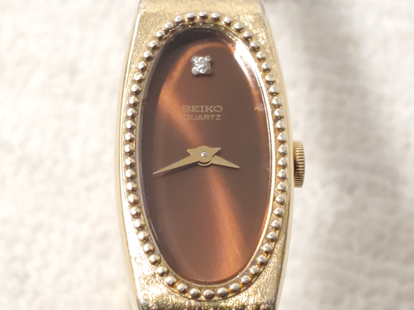 Vintage Seiko Women's Gold Plated Quartz Watch Brown One Diamond Dial Six Jewels