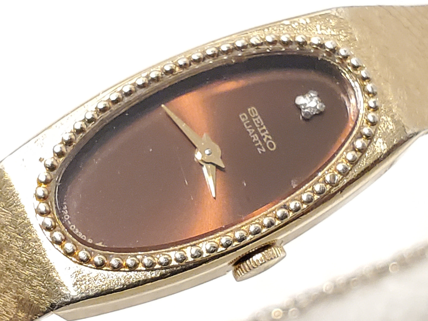 Vintage Seiko Women's Gold Plated Quartz Watch Brown One Diamond Dial Six Jewels