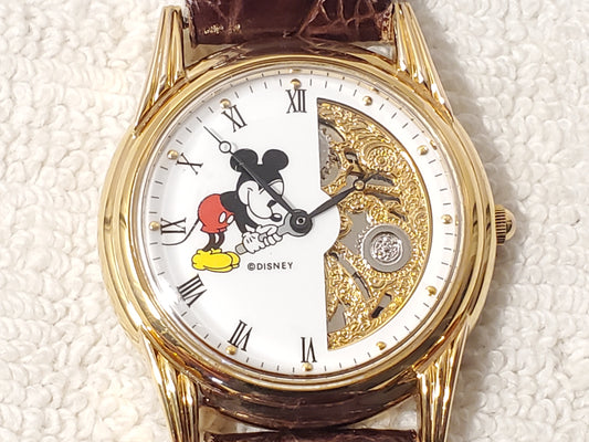 Vintage Disney Mickey Mouse Men's Gold Tone Watch One Jewel Brown Leather Strap