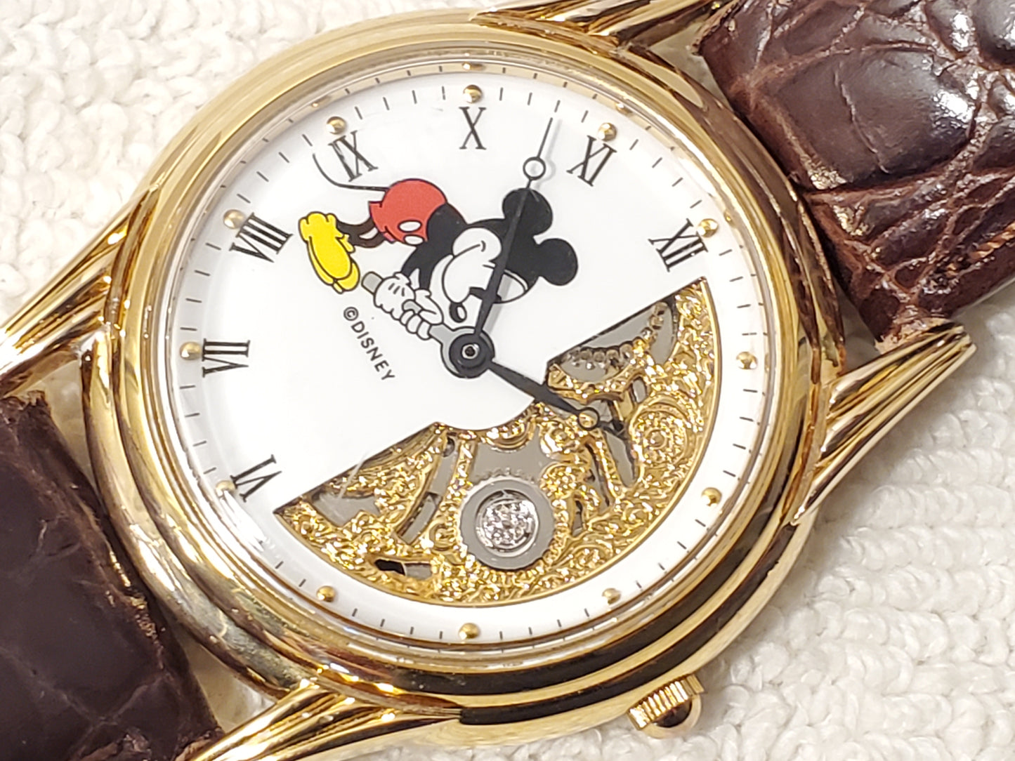 Vintage Disney Mickey Mouse Men's Gold Tone Watch One Jewel Brown Leather Strap