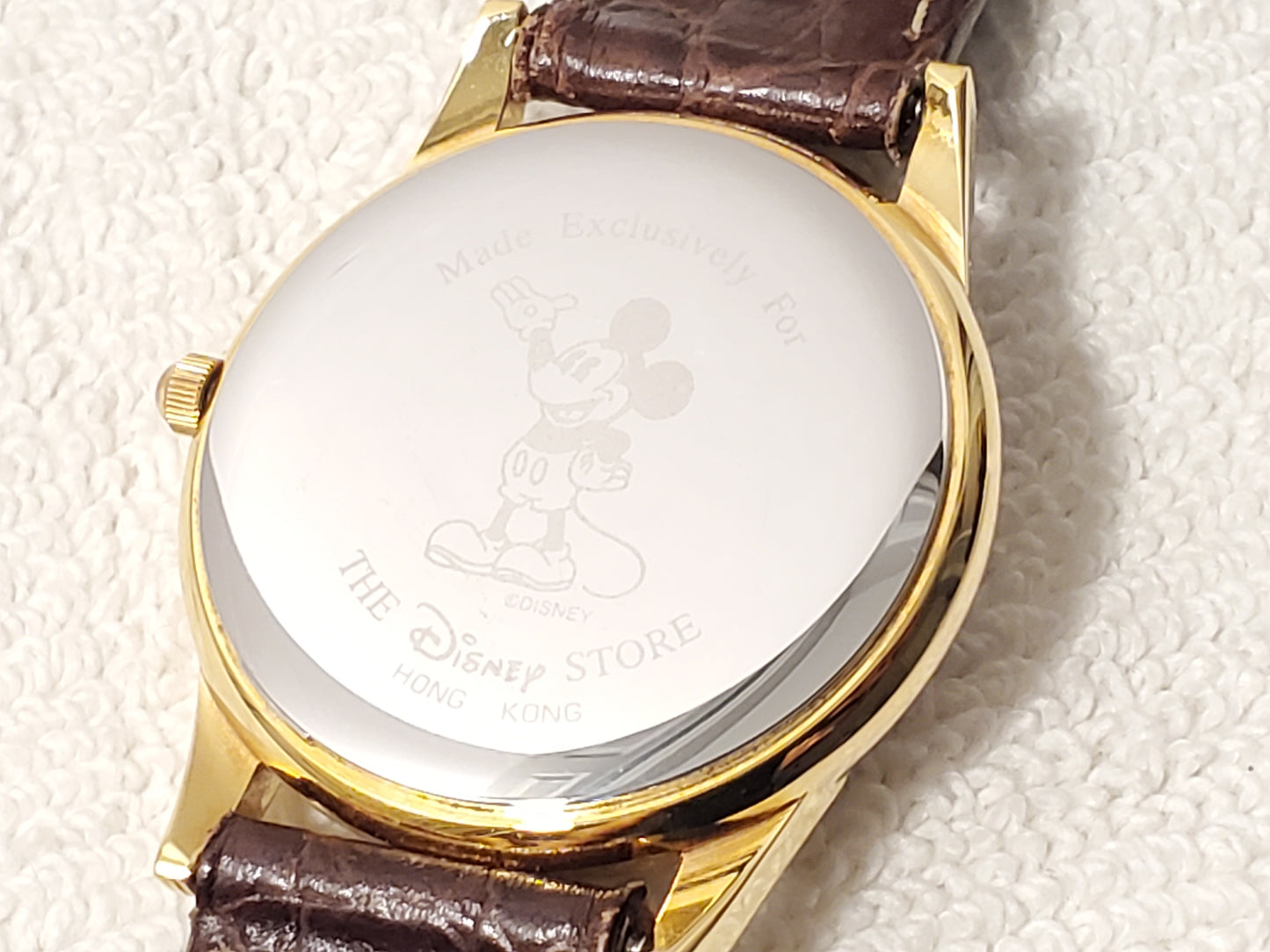 Vintage Disney Mickey Mouse Men's Gold Tone Watch One Jewel Brown Leather Strap