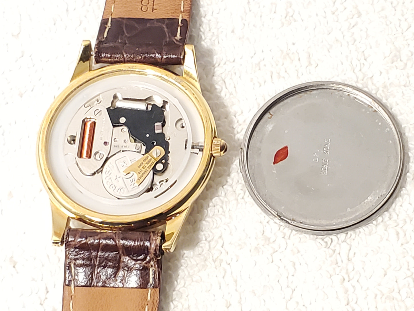 Vintage Disney Mickey Mouse Men's Gold Tone Watch One Jewel Brown Leather Strap