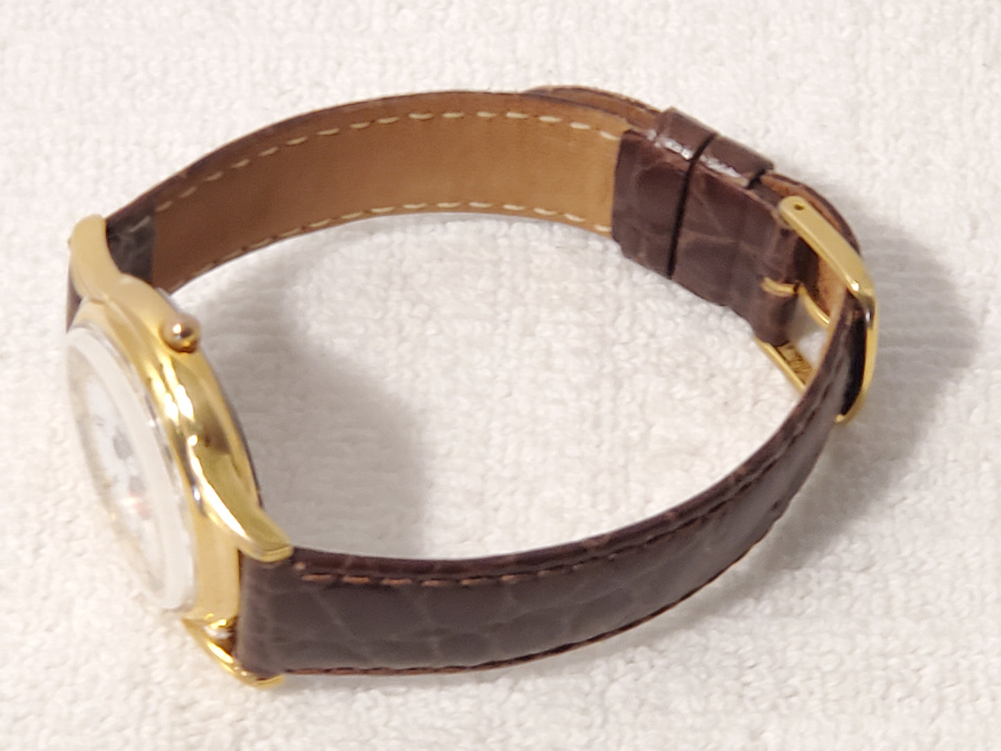 Vintage Disney Mickey Mouse Men's Gold Tone Watch One Jewel Brown Leather Strap