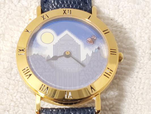 Vintage Walt Disney’s Peter Pan Tinkerbell Watch Blue Black Leather Gold Tone SS