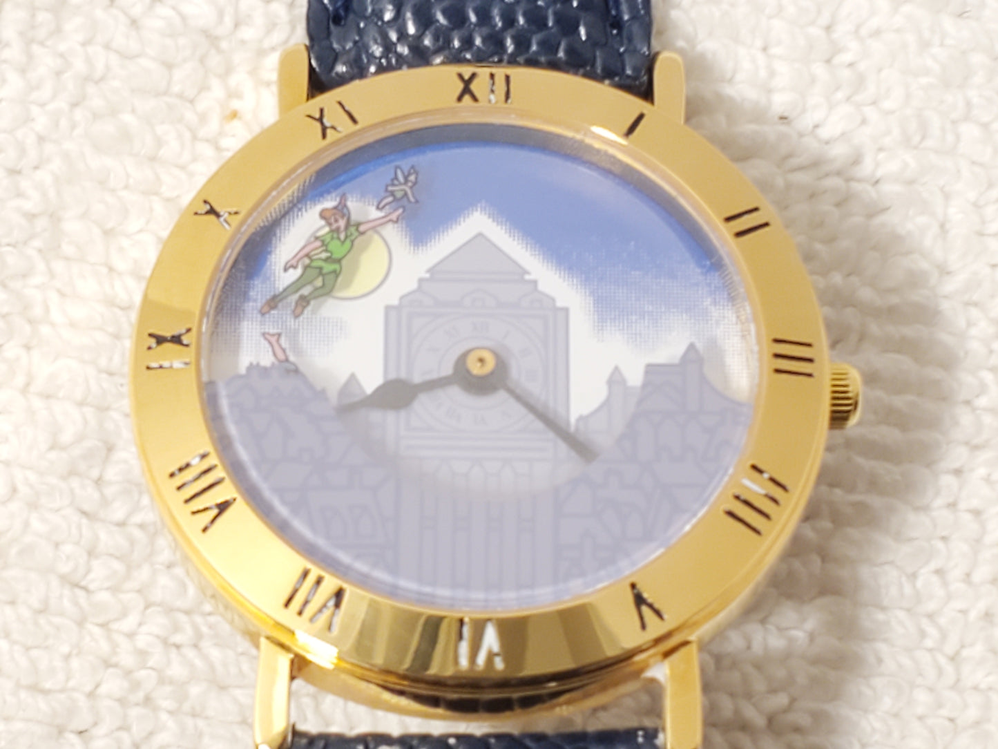 Vintage Walt Disney’s Peter Pan Tinkerbell Watch Blue Black Leather Gold Tone SS