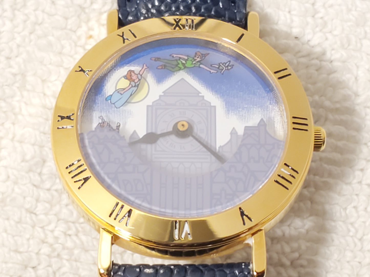 Vintage Walt Disney’s Peter Pan Tinkerbell Watch Blue Black Leather Gold Tone SS