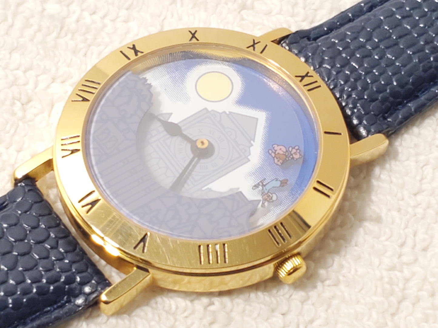 Vintage Walt Disney’s Peter Pan Tinkerbell Watch Blue Black Leather Gold Tone SS
