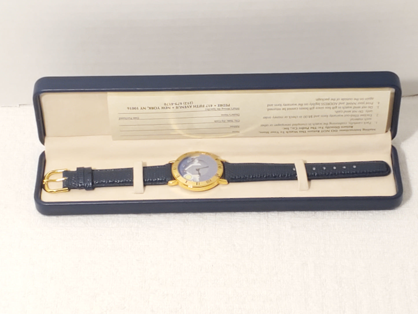Vintage Walt Disney’s Peter Pan Tinkerbell Watch Blue Black Leather Gold Tone SS