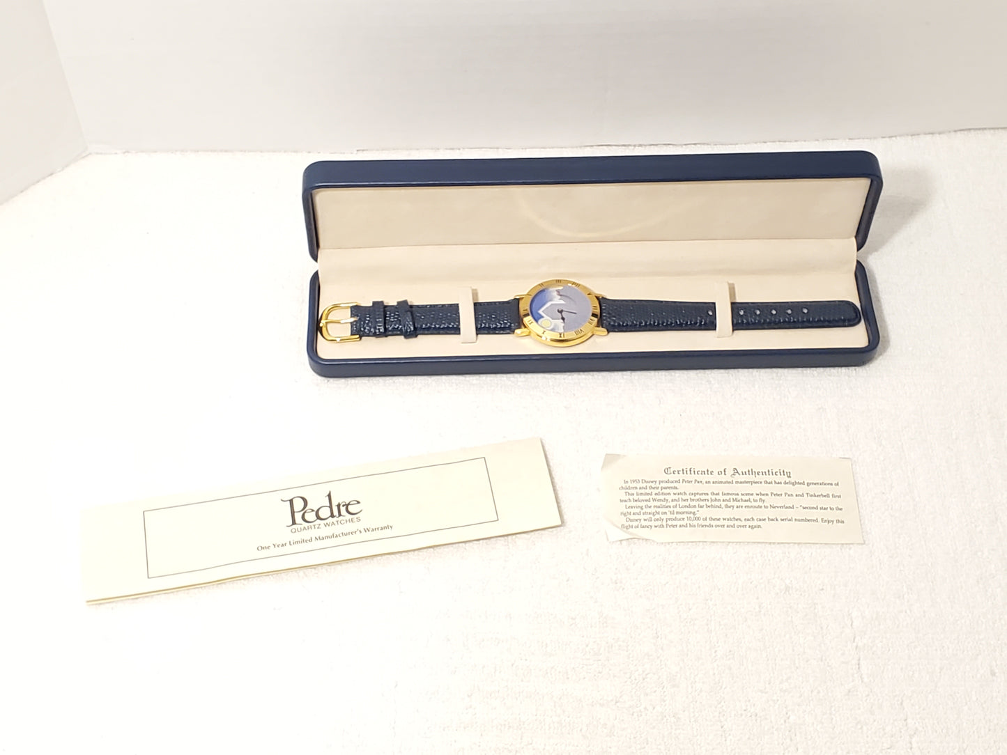 Vintage Walt Disney’s Peter Pan Tinkerbell Watch Blue Black Leather Gold Tone SS