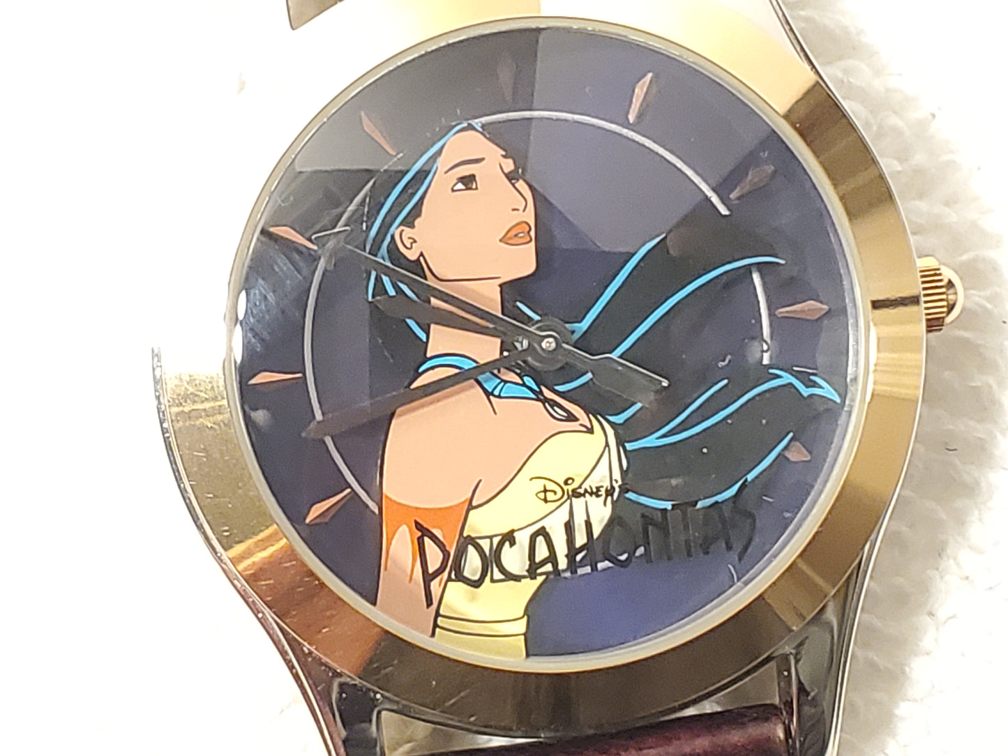 Vintage Disney Pocahontas Women's Watch Gold Tone Brown Leather Strap S Steel