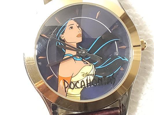 Vintage Disney Pocahontas Women's Watch Gold Tone Brown Leather Strap S Steel