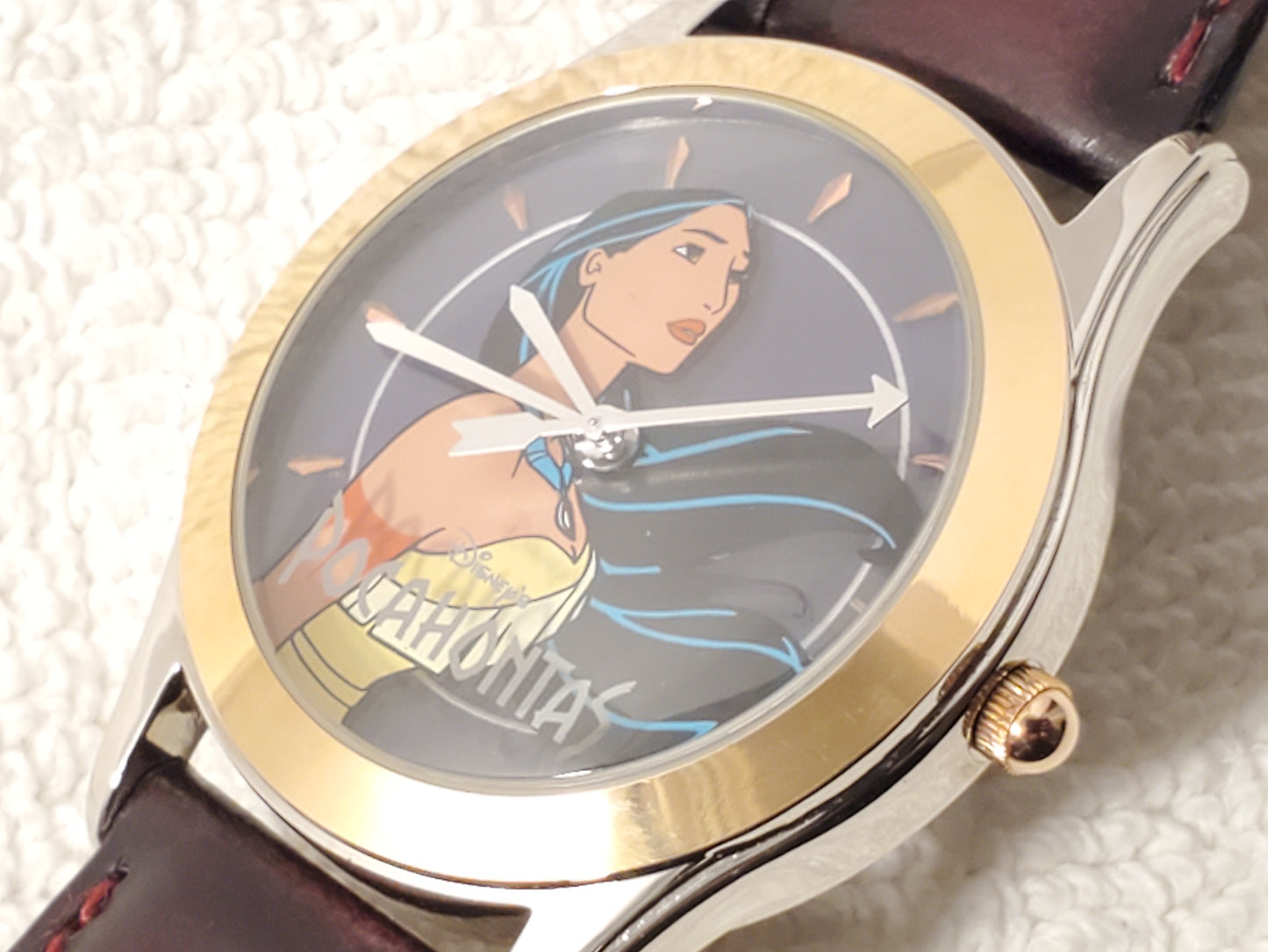Vintage Disney Pocahontas Women's Watch Gold Tone Brown Leather Strap S Steel