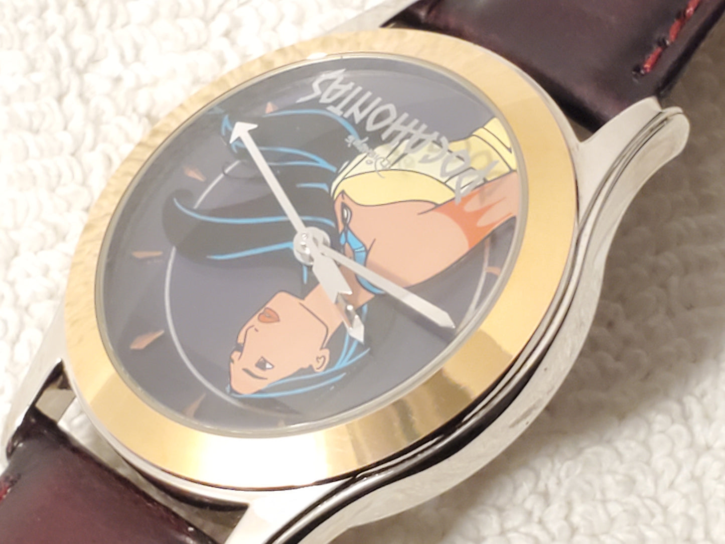 Vintage Disney Pocahontas Women's Watch Gold Tone Brown Leather Strap S Steel
