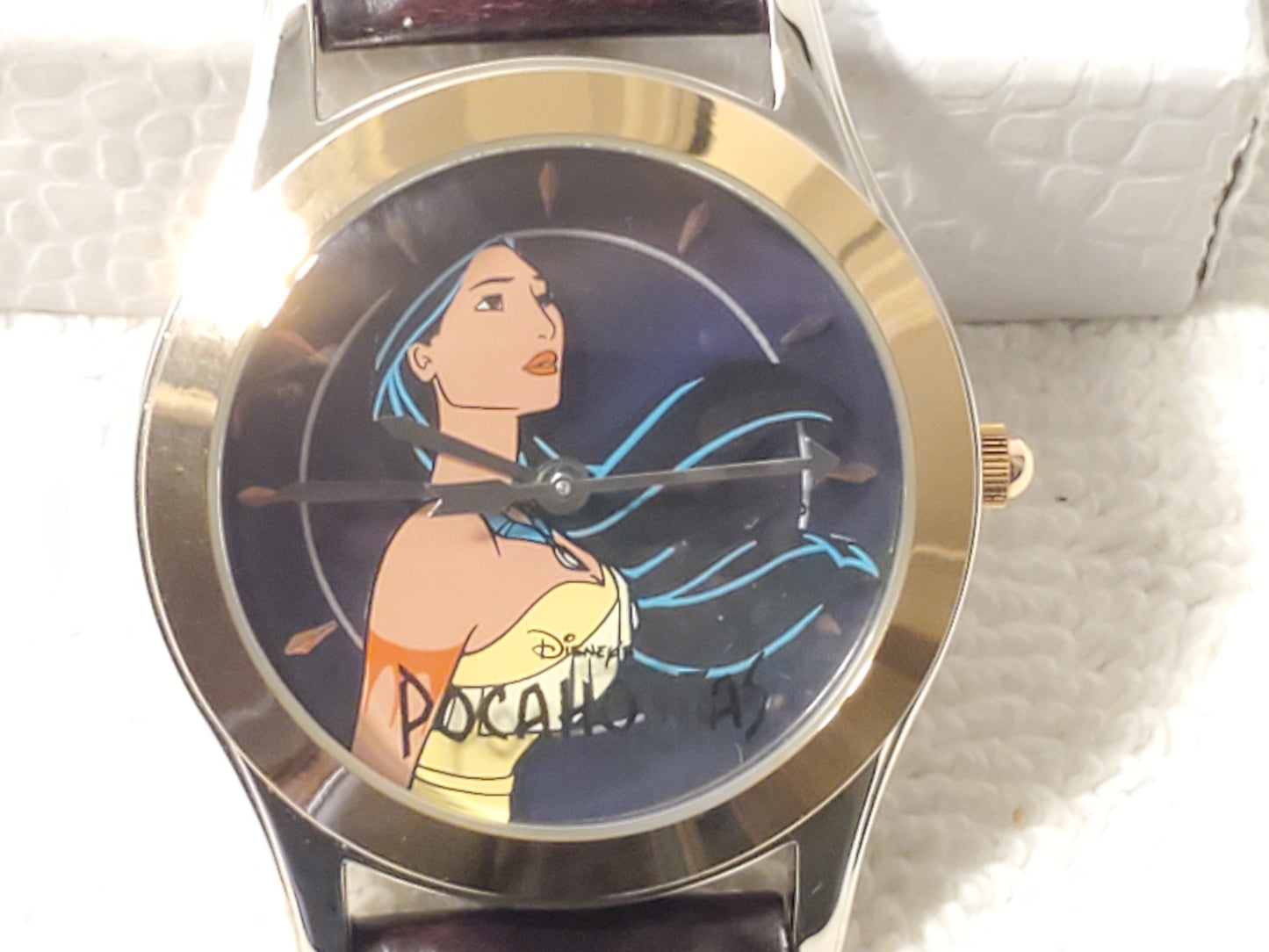 Vintage Disney Pocahontas Women's Watch Gold Tone Brown Leather Strap S Steel