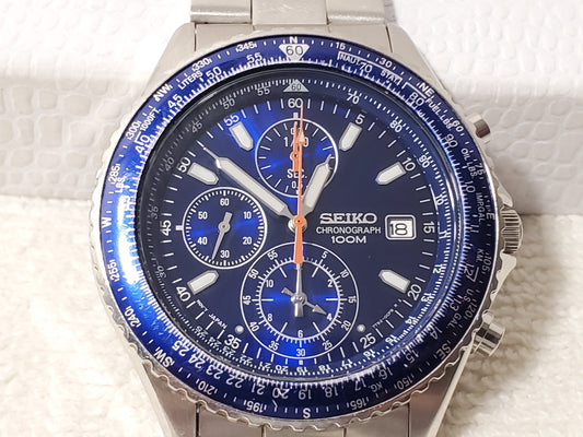 Vintage Seiko Flight Master Men Chronograph Date Blue Dial Watch WR 100M S Steel