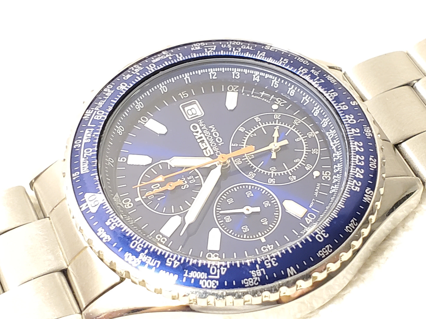 Vintage Seiko Flight Master Men Chronograph Date Blue Dial Watch WR 100M S Steel
