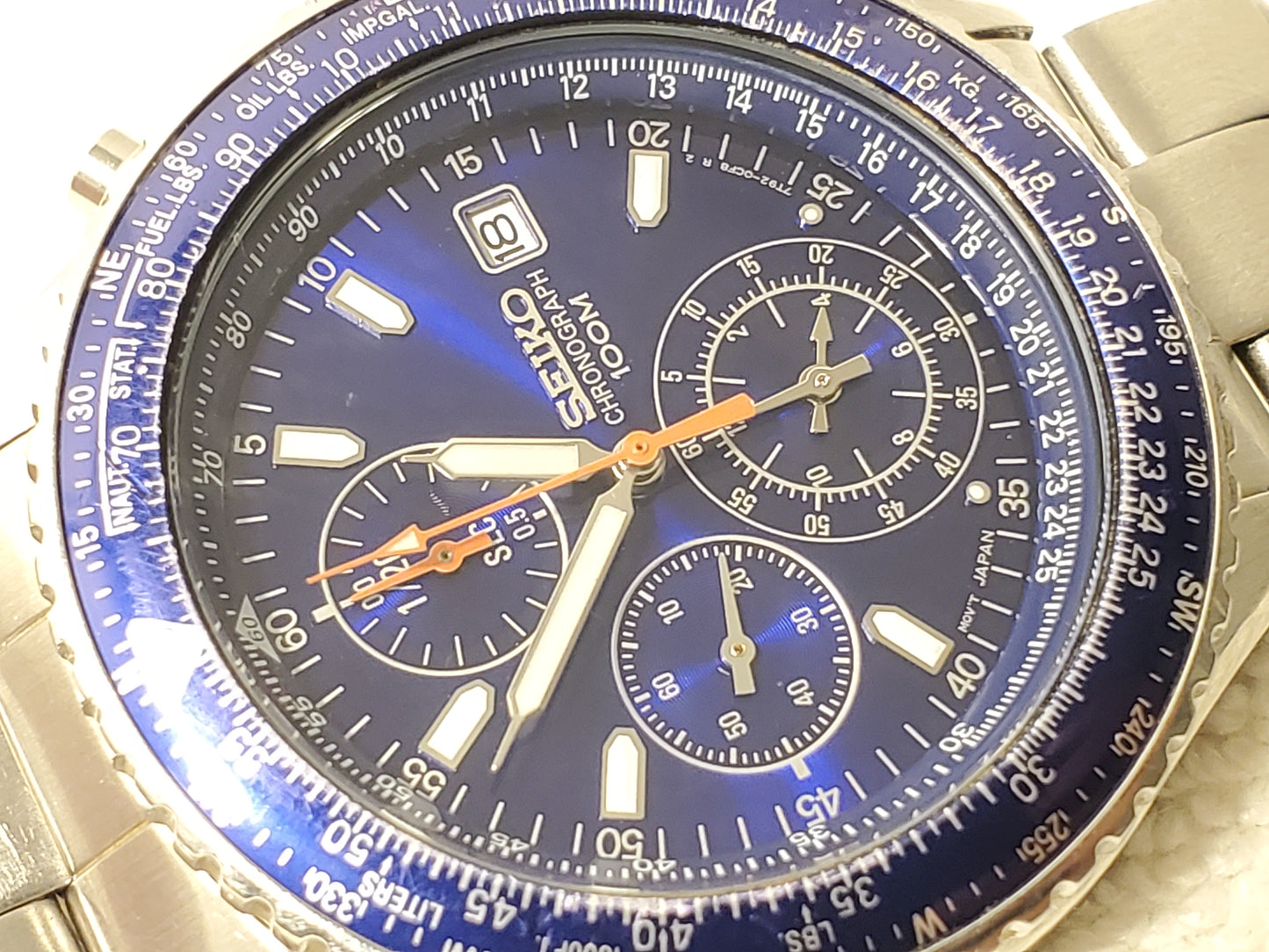 Vintage Seiko Flight Master Men Chronograph Date Blue Dial Watch WR 100M S Steel