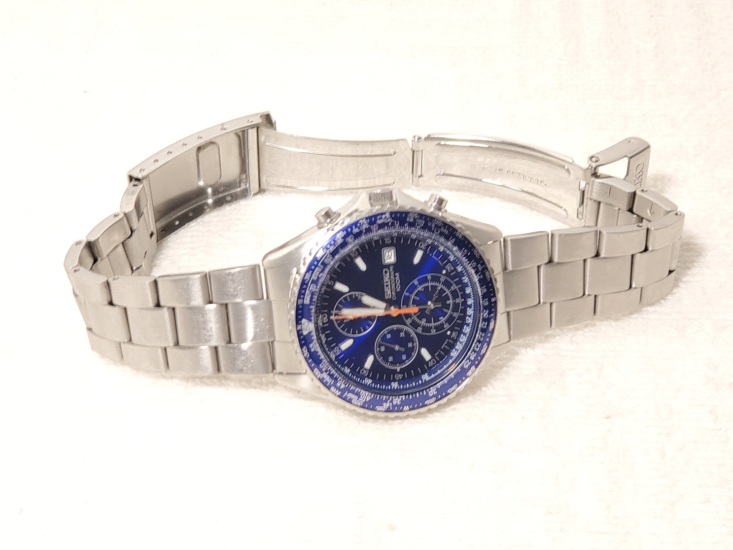 Vintage Seiko Flight Master Men Chronograph Date Blue Dial Watch WR 100M S Steel
