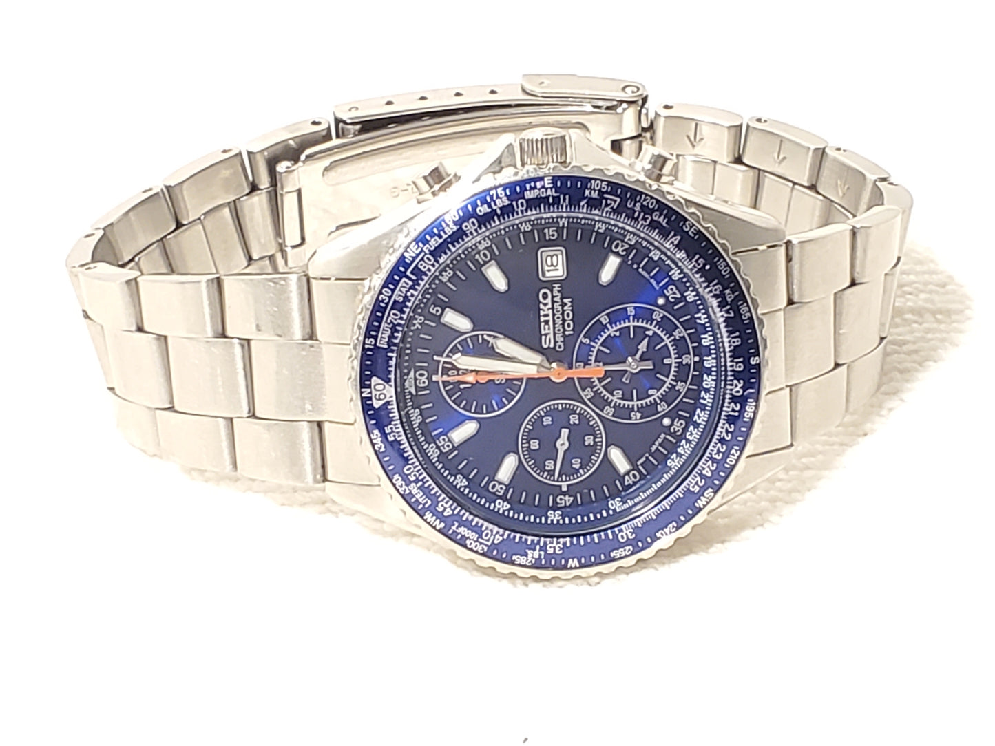 Vintage Seiko Flight Master Men Chronograph Date Blue Dial Watch WR 100M S Steel
