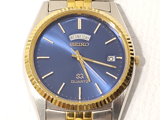 Vintage Seiko SQ Men's Blue Dial Presidential Day Date Quartz Watch One Jewel SS