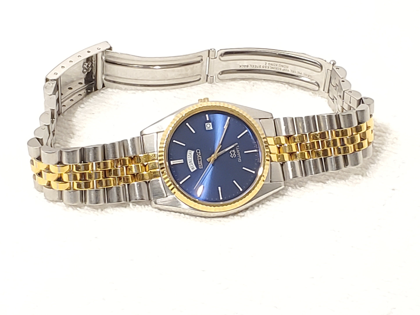 Vintage Seiko SQ Men's Blue Dial Presidential Day Date Quartz Watch One Jewel SS