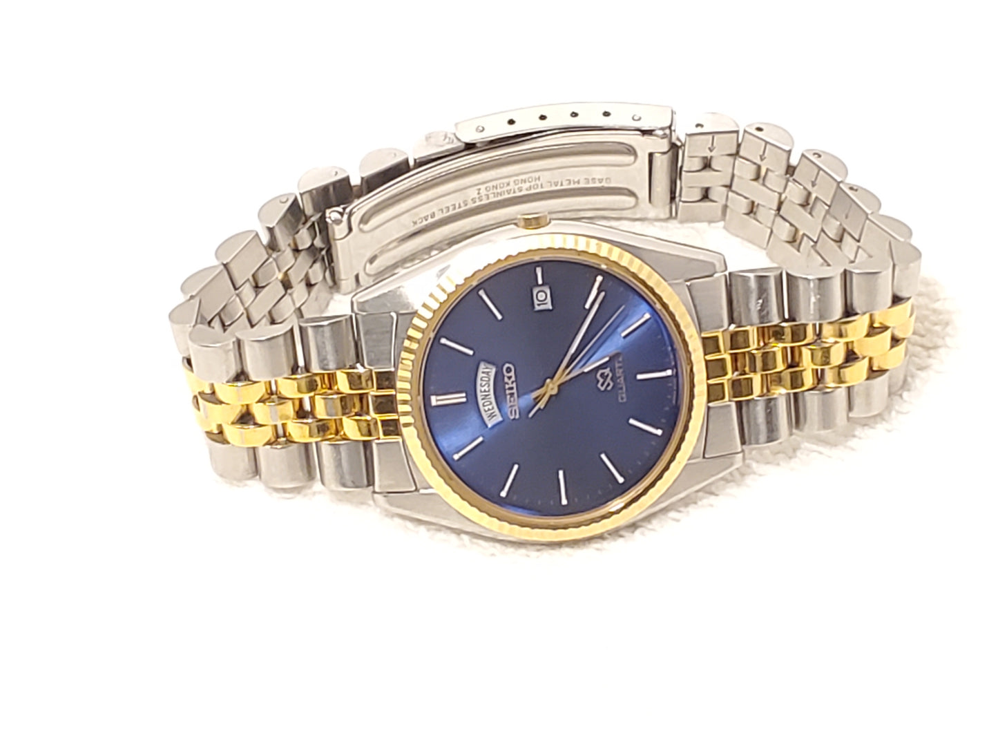 Vintage Seiko SQ Men's Blue Dial Presidential Day Date Quartz Watch One Jewel SS